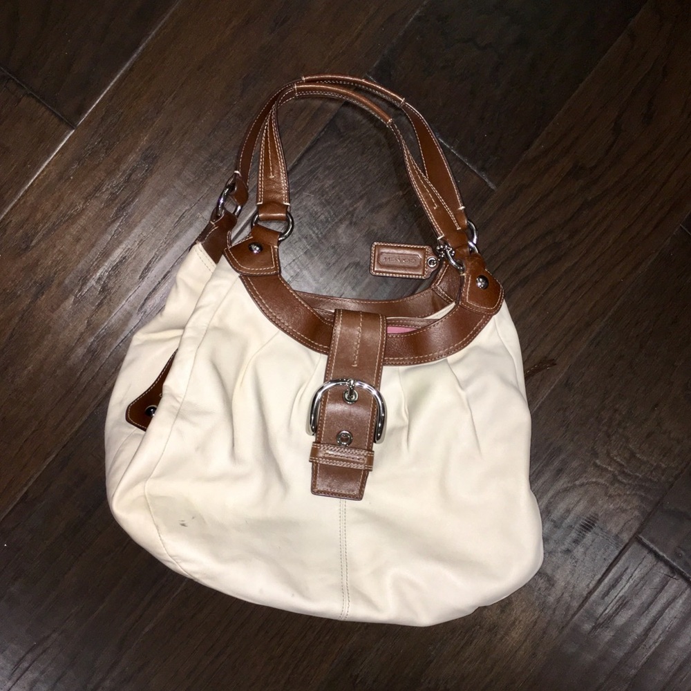 Coach handbag, white and brown leather.